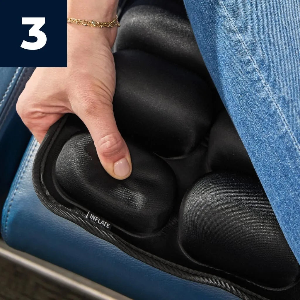 Use the inflate/deflate button to adjust firmness while you're sitting on the travel cushion.